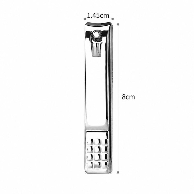 Silver nail clipper with curved blade and 8cm x 1.45cm measurement guide, NSI Australia