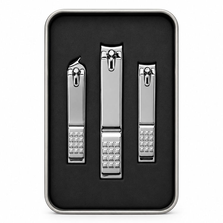 Silver nail clippers 3pcs set displayed in protective storage case with black insert, NSI Australia