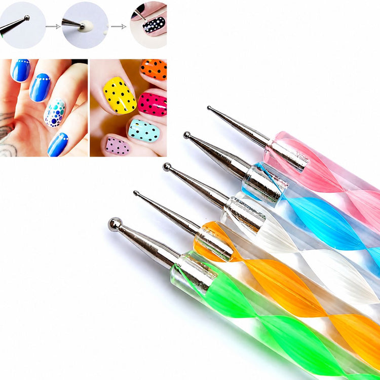 5-piece colourful double-ended nail dotting tools with metal ball tips for polka dots, flowers and fine nail art designs
