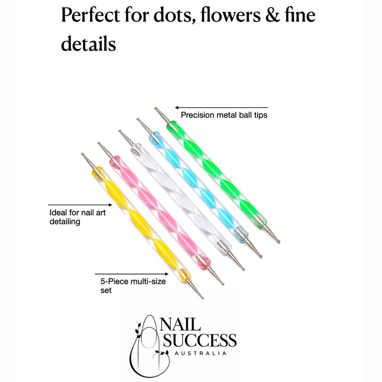 5-piece colourful double-ended nail dotting tools with precision metal ball tips for dots, flowers and fine nail art details