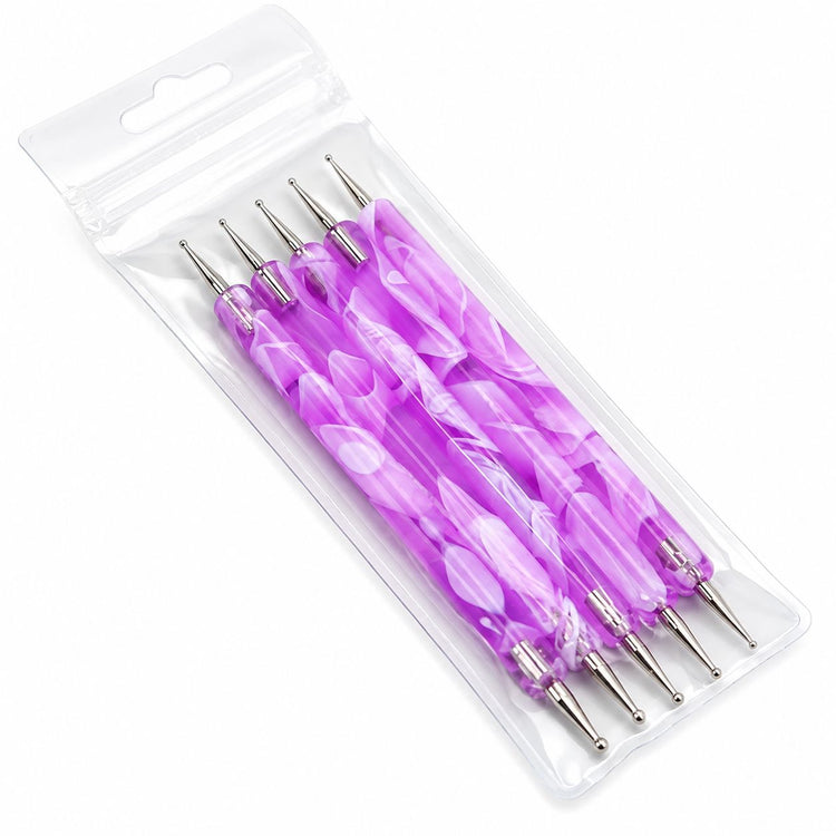 Purple 5-piece double-ended nail dotting tools in clear packaging with precision metal ball tips for dots, flowers and fine nail art details