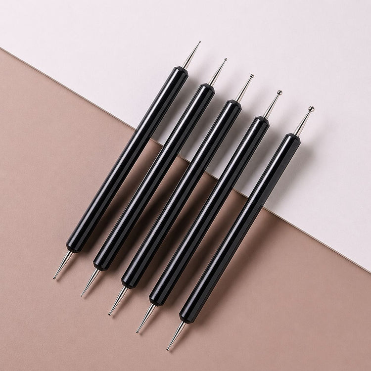 Black 5-piece double-ended nail dotting tools with metal ball tips for nail art dots, flowers and fine detail work