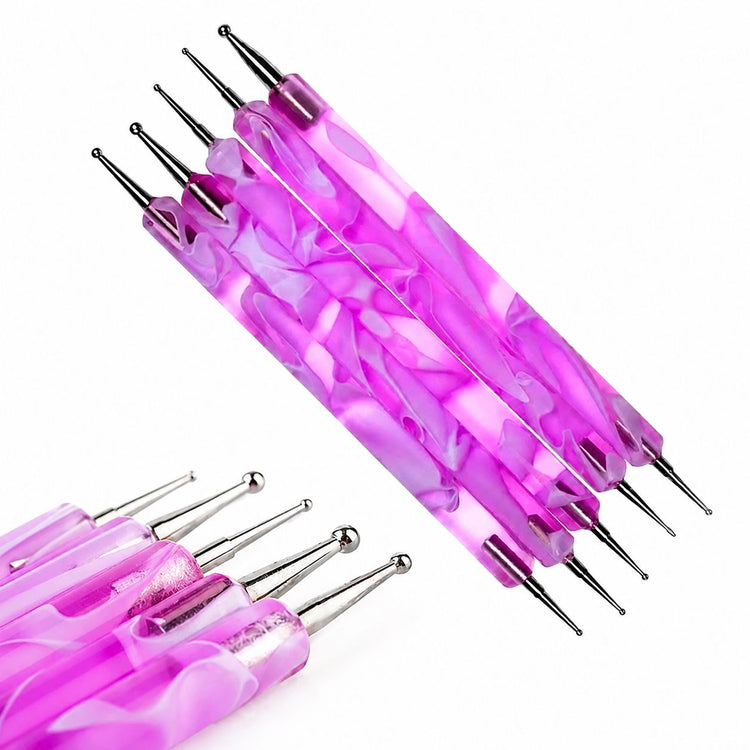 Purple 5-piece double-ended nail dotting tools with precision metal ball tips for dots, flowers and fine nail art details