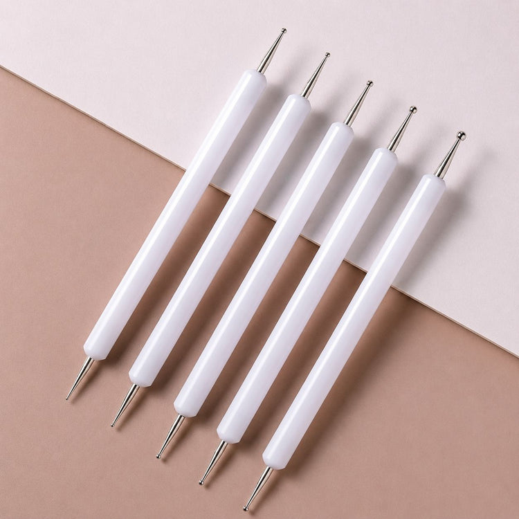 White 5-piece double-ended nail dotting tools with precision metal ball tips for dots, flowers and fine nail art details