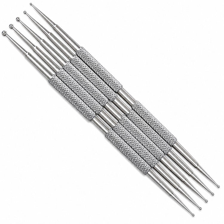 Stainless steel 5-piece double-ended nail dotting tools with textured grip and precision metal ball tips for dots, flowers and fine nail art details