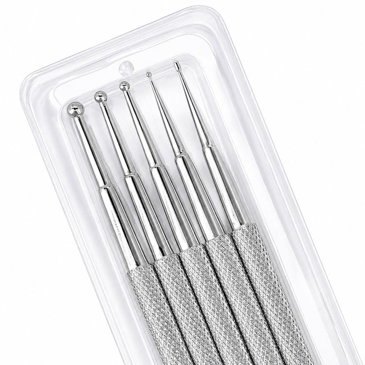 Stainless steel 5-piece nail dotting tools in clear packaging with textured grip and precision metal ball tips for professional nail art details