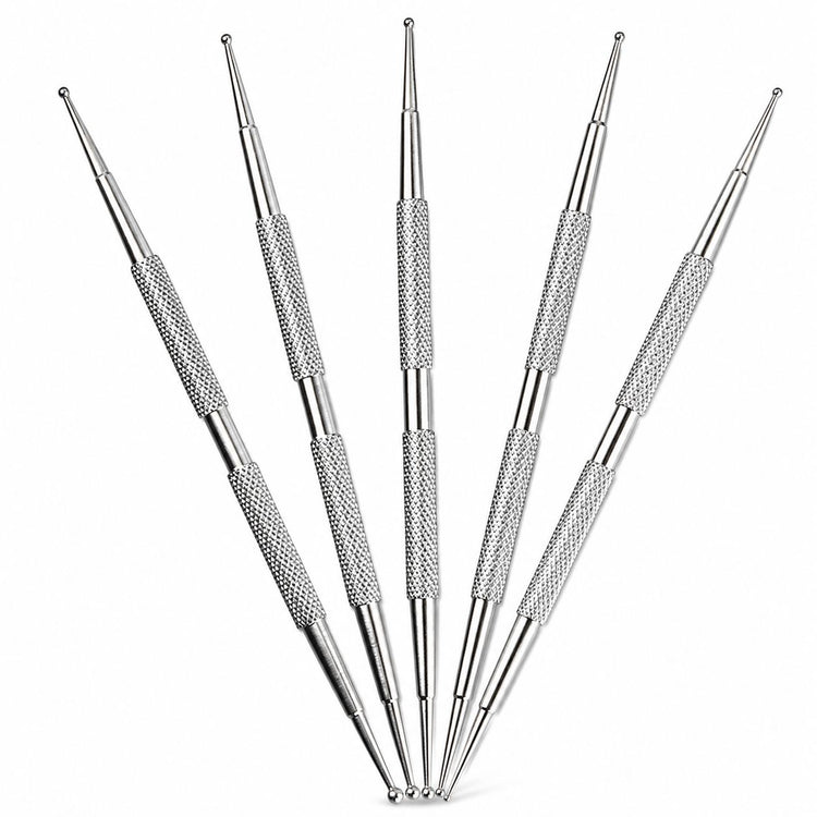 Stainless steel 5-piece double-ended nail dotting tools with precision metal ball tips for dots, flowers and fine nail art details