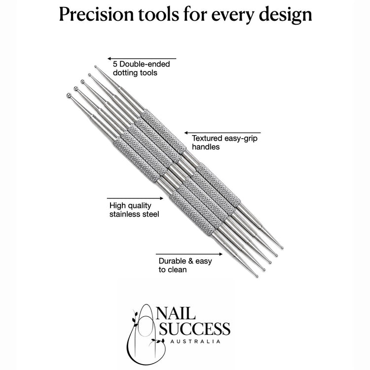 Stainless steel 5-piece double-ended nail dotting tools with textured easy-grip handles for precise nail art designs