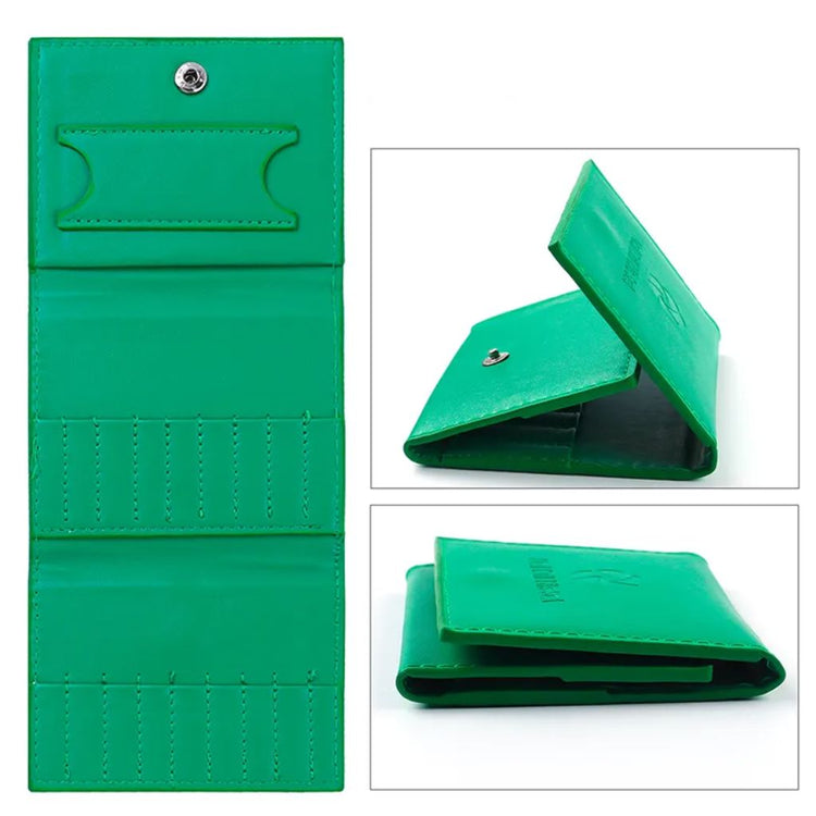Green nail drill bits storage bag with fold-out e-file bit pockets and compact snap closure design