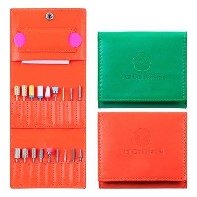 Green and orange nail drill bits storage cases with fold-out pockets and assorted e-file drill bits