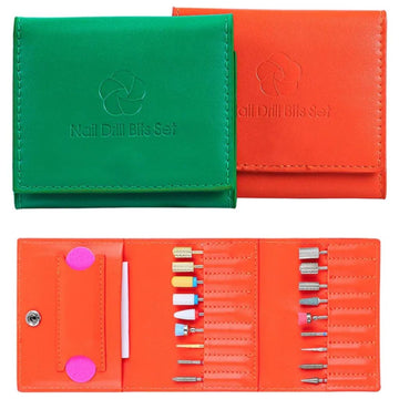 Green and orange nail drill bits storage cases with fold-out e-file bit pockets and assorted drill bits