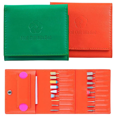 Green and orange nail drill bits storage cases with fold-out e-file bit pockets and assorted drill bits