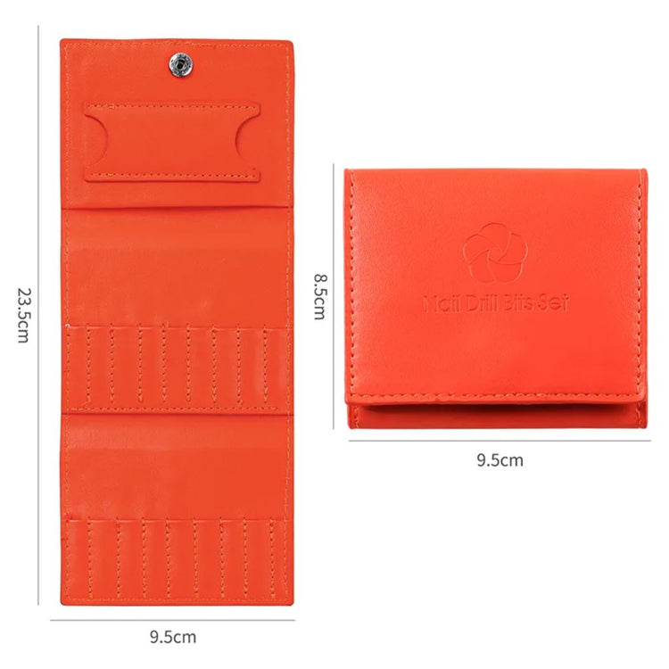 Orange nail drill bits storage bag with fold-out pockets and compact snap closure for e-file bit organisation