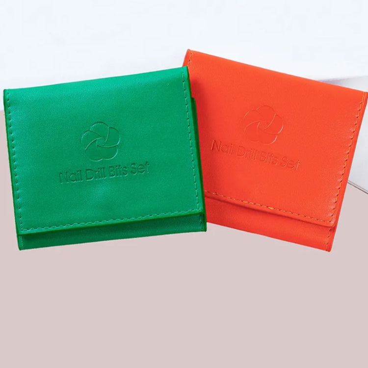 Green and orange nail drill bits storage bags with compact foldable design for e-file bit organisation