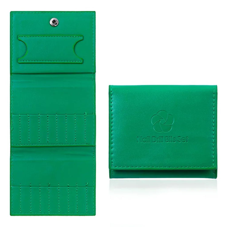 Green nail drill bits storage bag with fold-out e-file bit pockets and compact snap closure