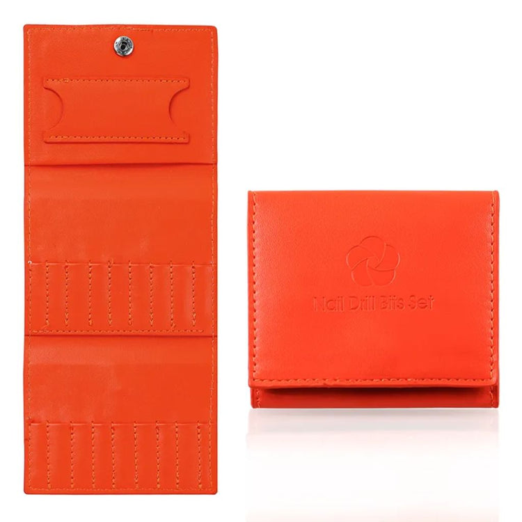 Orange nail drill bits storage bag with fold-out e-file bit pockets and compact magnetic snap closure