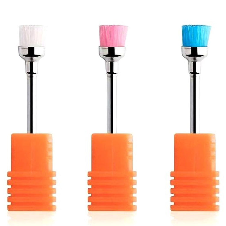 3 pack nail dust buster drill brush bits – white, pink and blue nail dust cleaning brushes with orange bases for manicure e-file