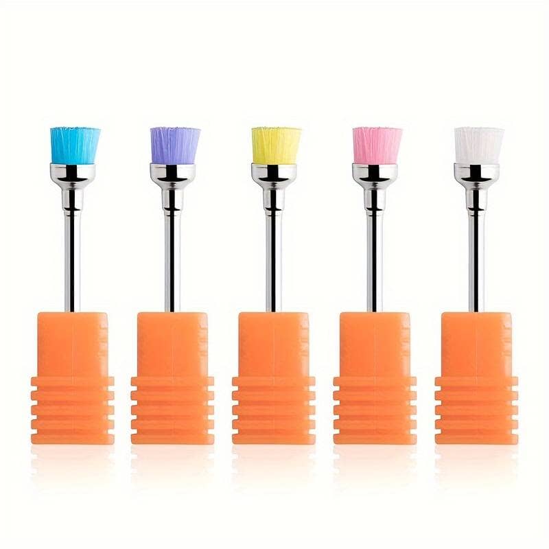 Nail drill brush bits 5-pack—multicolor dust buster heads in orange holders
