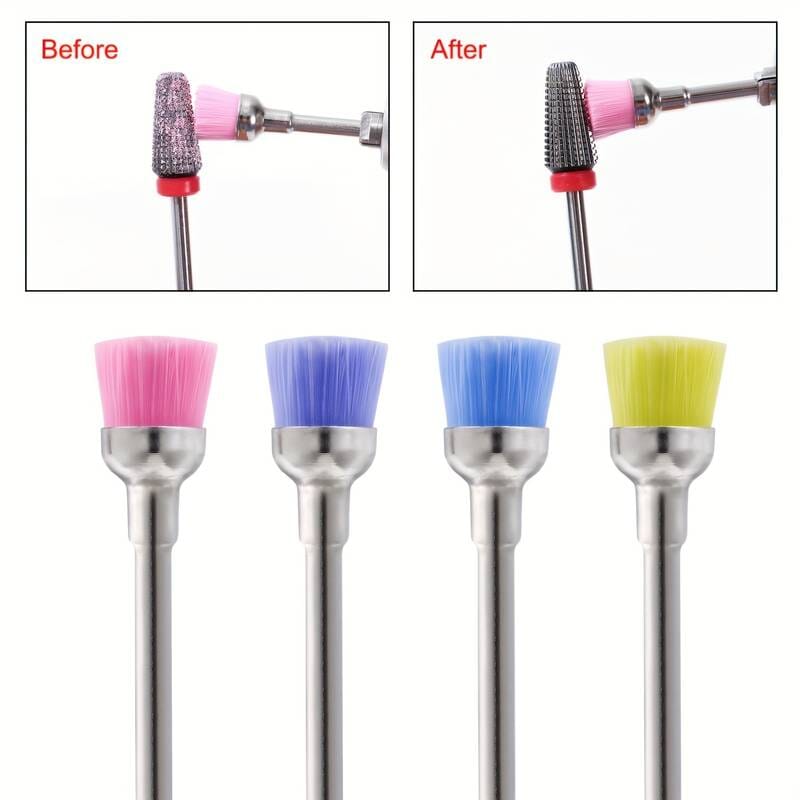 E-file cleaning brush bits show before vs after debris removal from barrel bit