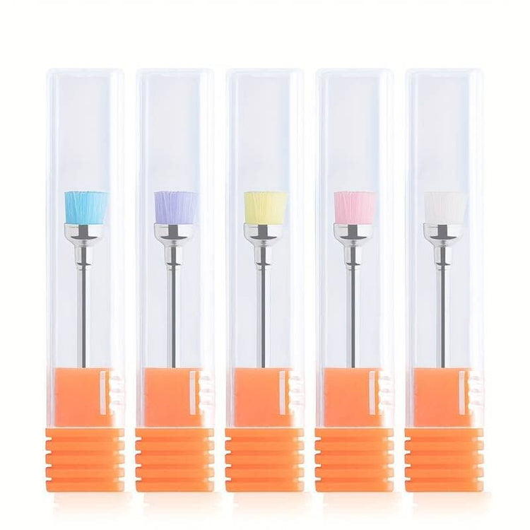 Nail dust buster brush bits in five colours, each in a clear storage tube