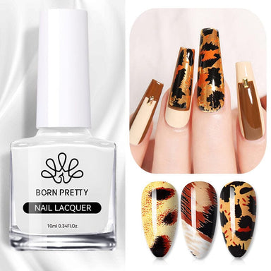 Born Pretty Nail Foil Glue 10ml — transfer foil adhesive for animal-print nail art; bottle with brown nude manicure and leopard foil swatches
