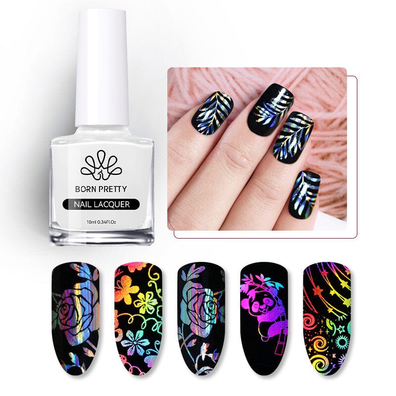 Born Pretty Nail Foil Glue 10ml—adhesive for transfer foils, with holographic nail art examples on black polish