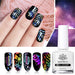 Born Pretty Nail Foil Glue 10ml—transfer foil adhesive with holographic nail art examples on black polish and cosmic background