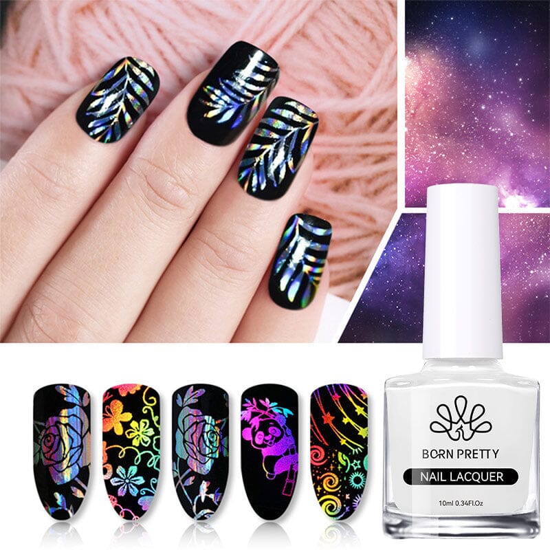 Born Pretty Nail Foil Glue 10ml—transfer foil adhesive with holographic nail art examples on black polish and cosmic background