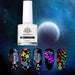 Born Pretty Nail Foil Glue 10ml—transfer foil adhesive for nail art; bottle with holographic foil design swatches on a black galaxy background