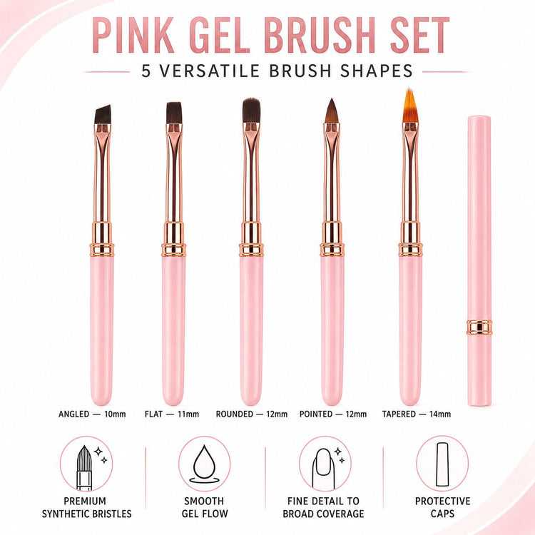 Set of five pink gel nail brushes with angled, flat, rounded, pointed and tapered tips, rose gold ferrules and protective caps.
