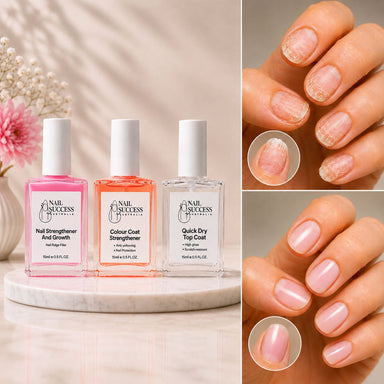 Nail Success Australia 3-step nail strengthening routine with nail strengthener, colour coat strengthener and quick dry top coat beside before and after natural nail results