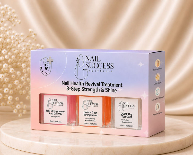 Nail Success Australia nail health revival treatment 3-step strength and shine set with nail strengthener, colour coat strengthener and quick dry top coat in boxed packaging