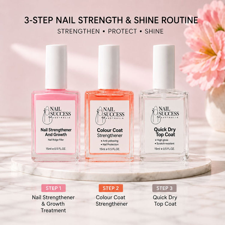 Nail Success Australia 3-step nail strength and shine routine with nail strengthener, colour coat strengthener and quick dry top coat on a pink marble display