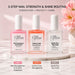 Nail Success Australia 3-step nail strength and shine routine with nail strengthener, colour coat strengthener and quick dry top coat on a pink marble display