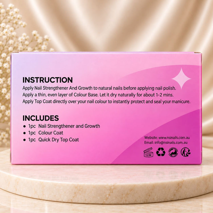 Back of the pink Nail Health Revival kit box, showing instructions and contents: nail strengthener, colour coat and quick dry top coat.
