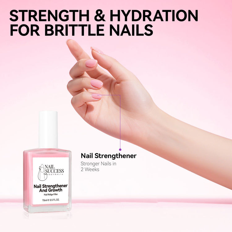 Hand with soft pink nails beside Nail Success Australia Nail Strengthener and Growth bottle with strength and hydration for brittle nails message