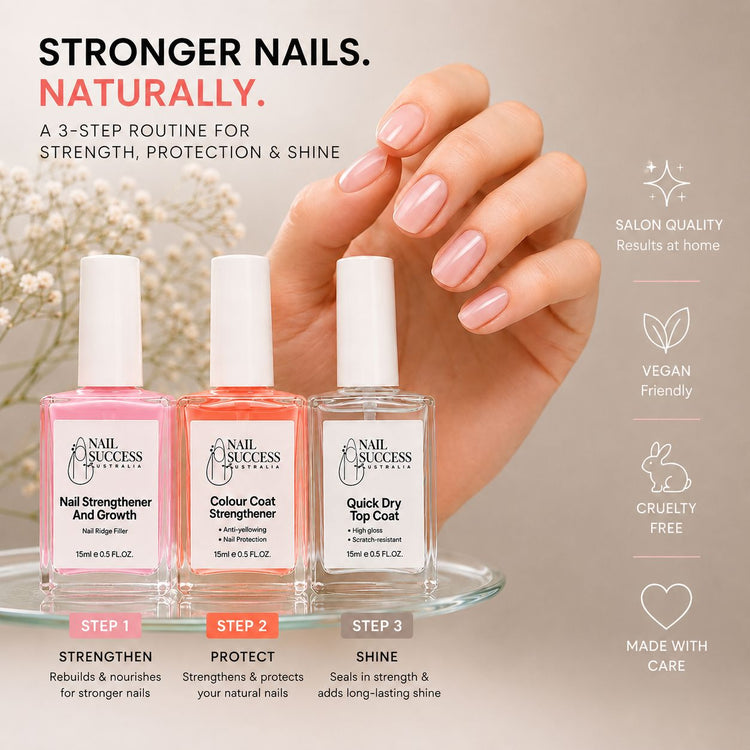 Nail Success Australia 3-step nail strengthening routine with nail strengthener, colour coat strengthener and quick dry top coat for stronger natural nails with salon-quality shine