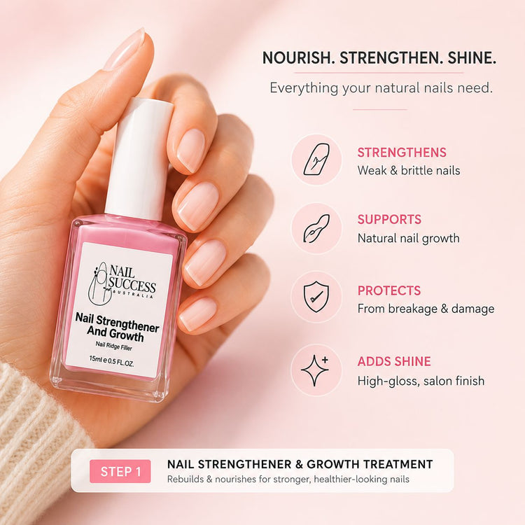 Nail Success Australia nail strengthener and growth treatment bottle held beside natural nails, promoting stronger nails, nail growth support, breakage protection and shine
