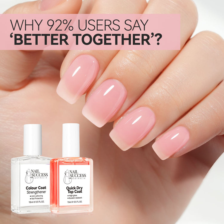 Nail Success Australia colour coat strengthener and quick dry top coat duo with glossy pink natural nails and better together text for strength, protection and shine