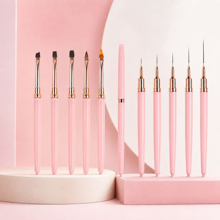 10-piece pink nail art brush set with ultra-fine liner, flat, angled and detail brushes for precision gel designs