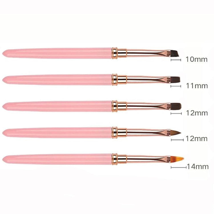 Pink nail art brush set showing five gel brush shapes in 10–14mm sizes for detailed gel nail designs