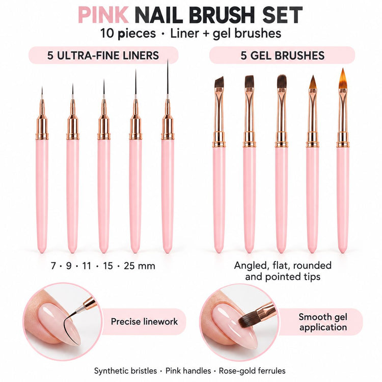 Pink 10-piece nail brush set with five 7–25 mm ultra-fine liners and five gel brushes, shown creating black linework and smoothing gel.