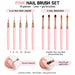 Pink 10-piece nail brush set with five 7–25 mm ultra-fine liners and five gel brushes, shown creating black linework and smoothing gel.