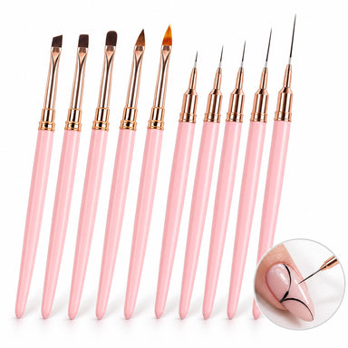 Set of 10 pink gel and ultra-fine liner nail brushes with rose gold ferrules, shown painting black curves on a nude pink nail.