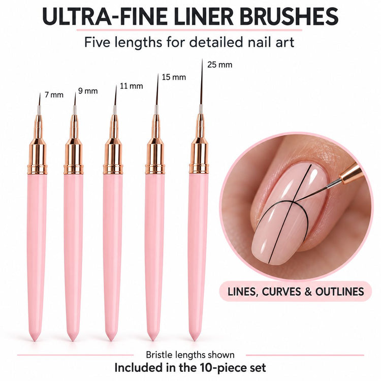 Five pink ultra-fine nail liner brushes with rose gold ferrules and 7–25 mm bristles, shown creating black linework on a nude nail.