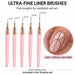 Five pink ultra-fine nail liner brushes with rose gold ferrules and 7–25 mm bristles, shown creating black linework on a nude nail.