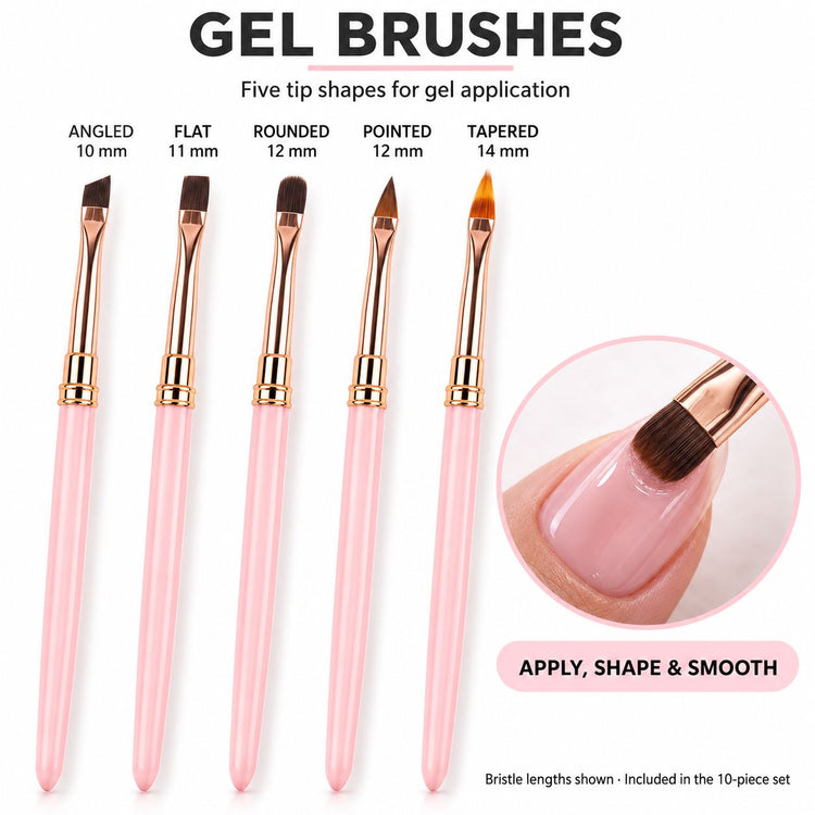 Five pink gel nail brushes with rose gold ferrules and assorted 10–14 mm tips, shown smoothing gel on a pink nail.