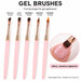 Five pink gel nail brushes with rose gold ferrules and assorted 10–14 mm tips, shown smoothing gel on a pink nail.