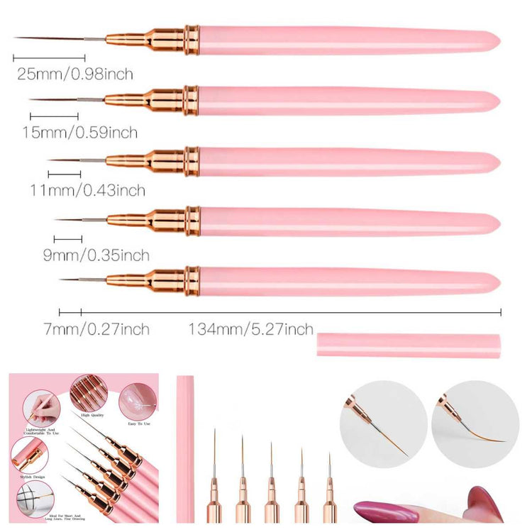 Nail Liner Brushes Ultra-Fine - Pink Set 5pcs