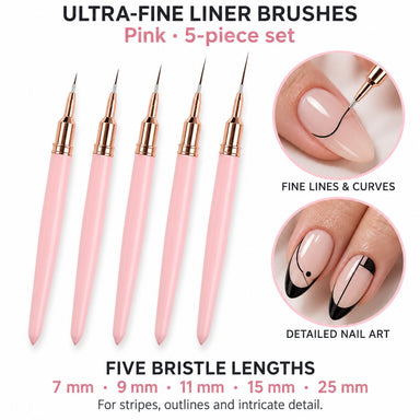 Set of five pink ultra-fine nail liner brushes with rose gold ferrules and 7–25 mm bristles, shown with black linework on nude nails.